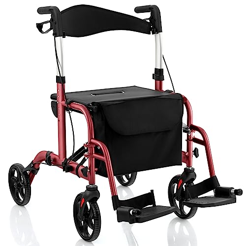 COSTWAY Rollator faltbar und leicht mit Sitz, 2 in 1 Rollstuhl & Reiserollator Leichtgewicht, Gehhilfe 6-fach höhenverstellbar, Gehwagen mit Tasche & Bremsen & Stockhalter, Aluminium, Rot