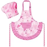 R HORSE Kid Apron and Chef Hat Set - 2Pcs Pink Heart Toddler Cooking Apron Set for Girls, Adjustable Role Play Costume Pretend Play Toy for Cooking Baking Painting Birthday Gift for Kids Ages 3-6