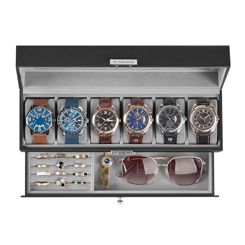 SONGMICS Watch Box, 6-Slot Watch Case Organizer with Large Glass Lid, 2 Layers, Removable Pillows, Metal Lock, Gift for Loved Ones, Black Synthetic Leather, Christmas Gift, Gray Lining UJWB0
