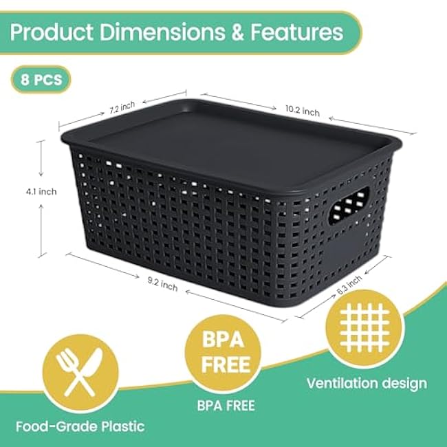 Plastic Storage Baskets with Lid-Plastic Storage Containers Stackable Storage bins: Storage Baskets for Organizing Shelves Drawers Desktop Closet Playroom Classroom Office, 8Pack-Black10.2x7.2x4.1Inch