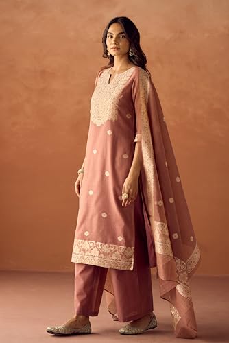 Image of FIORRA Women Cotton Jacquard Woven Kurta Set with Dupatta