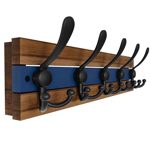 Image of SKOLOO Rustic Wall Mounted Coat Rack - 16-7 /8 inch Long Coat Hooks for Wall with 5 Triple Hooks for Hanging Coats, Hats or Tools, Western National Parks Collection, Wood Brown & Blue