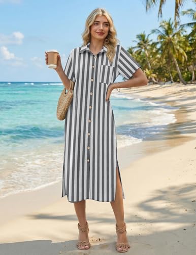 Image of HOTOUCH Womens Dress Summer Casual Midi Short Sleeve Button Down Shirt Dresses Loose Beach Cover Up with Pockets