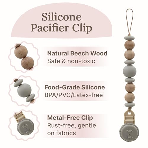 Image of Silicone Pacifier Clip - Metal-Free, Rust-Free, 100% Food-Grade Silicone and Natural Beech Wood, Secure Pacifier Holder for Babies - Cloud - Mila & Lulu