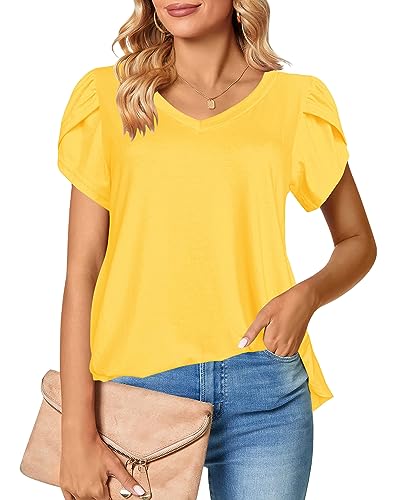 Afibi Womens Summer V Neck Loose Dressy Shirts Petal Short Sleeve Tunic Tops3