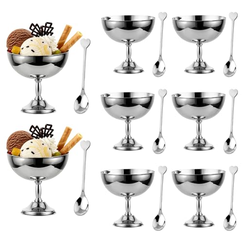 8 Bols à Glace Inox 270ml Pied avec Cuillère, Récipients Dessert Vintage Réutilisables pour Glaces, Yaourts Givrés, Gelato, Anniversaires , Coupes à...
