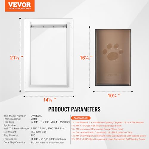 VEVOR Haustierklappe Hundeklappe Metallrahmen mit Schloss & 3-Klappen-System 362 x 536 mm, wetterfeste Hundeklappe Haustiertüre geeignet für Katzen Hunde Kätzchen (Weiß-L) einfache Montage