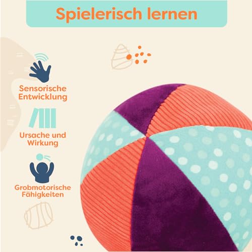 B. toys - Make It Chime - Weicher Stoffball - Plüsch-Baby-Ball mit läutender Glocke - Sinnesspielzeug für Babys, Kleinkinder, Kinder - Farben, Texturen und Geräusche - 0 Monate +