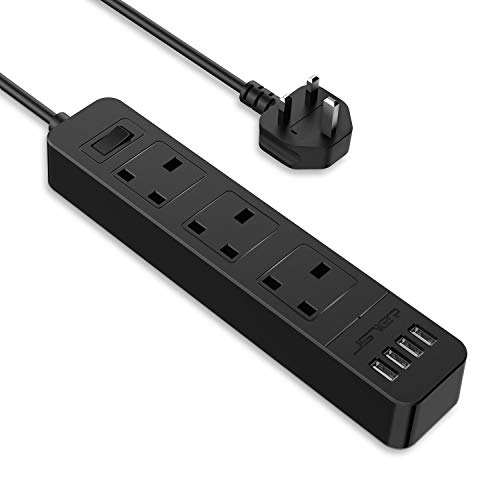 JSVER Extension Lead with 4 USB Ports Desktop Power Strip Smart Charging Station 3 Outlets USB Power Socket for Home Travel Black