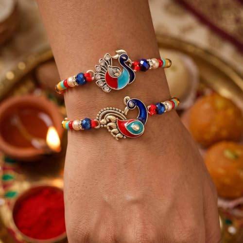 Image of TIED RIBBONS Rakhi for Brother - Set of 2 Designer Beaded Rakhi with Greeting Card and Tikka - Bracelet Rakhis for Brother Bhaiya Men Boys Kids Bhai - RakshaBandhan Rakhis