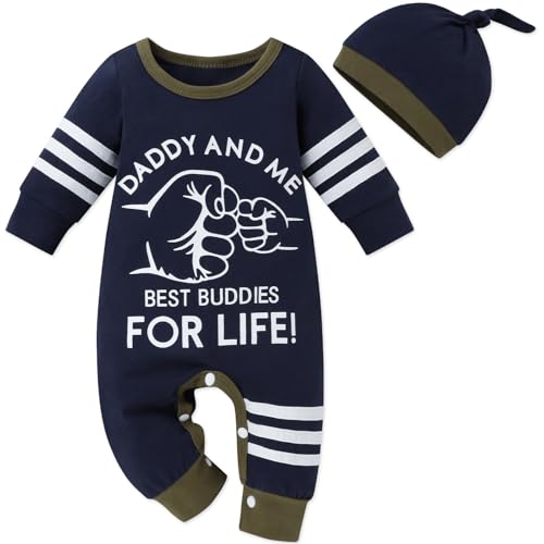 Image of Crazyme Newborn Baby Boy Clothes Letter Print Romper Coming Home Outfit Boy Bodysuit with Hat 2PCS Baby Jumpsuit