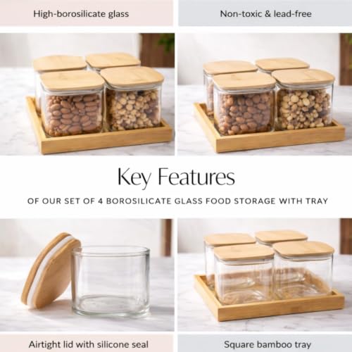 Image of Borosilicate Transparent Glass Storage Jar Set with Bamboo Tray, Set of 4 (500ml) Airtight Square Glass Containers with Bamboo Lids & Silicone Seal, Dry Fruit Storage Jars for Spice