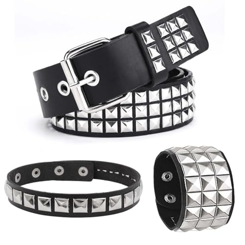 FeiOne 3-teiliges Set Punk Accessoires: Punk Nietengürtel Damen and Herren, Nietenarmband, Halsband, Grunge Accessoires, Y2K Gürtel, Emo Clothes, Punk Rock Gothic Gürtel