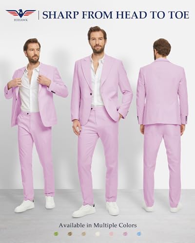 Hihawk Linen Suit for Men, 2 Pieces Casual Blazer and Pants, Summer Beach Wedding Suit Groomsmen Prom Tuxedo2