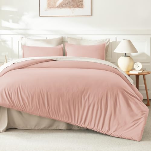 Image of Litanika Pink Comforter Set King Size, 3 Pieces Blush Plain Bedding Comforter Set, All Season Bed Set (90x90In Comforter & 2 Pillowcases)