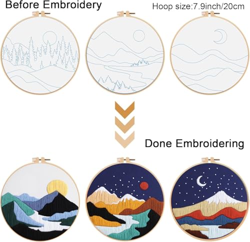 Image of GLTAYLMY 3 Set Landscape Embroidery Kits for Beginners with Mountain Sun Moon Pattern,Adults Starter Cross Stitch Kit DIY Needlepoint Kits