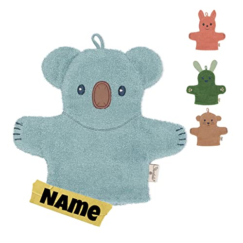 Sterntaler Waschlappen Kinder personalisiert | Waschhandschuh | Waschlappen Frottee mit Namen bestickt | 100% BIO Baumwolle | Baby Geschenke (Kalla Koala mint)