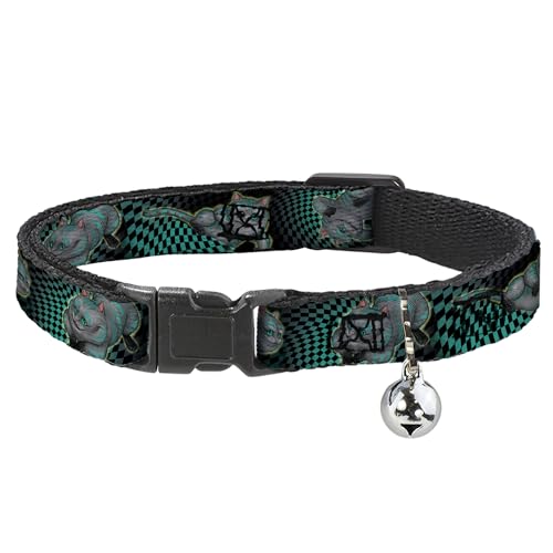 Image of Buckle-Down Breakaway Cat Collar - Cheshire Cat 4-Poses Checkers Teal /Black - 1 /2 inch Wide - Fits 8-12 inch Neck - Medium