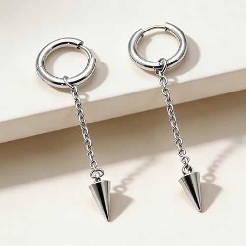 Fusamk Punk Rock Stainless Steel Cone Circle Hoop Earrings Long Chain Drop Dangle Earrings by Fusamk - Used condition - Image 3
