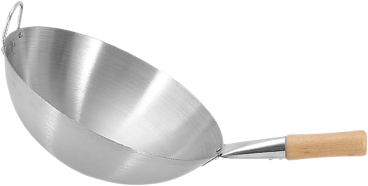 VALICLUD Stainless Steel Wok with Wooden Handle Cooking Pan for Stir Fry Hot Pot and Frying Ergonomic Design for Home Kitchen and Restaurant Use