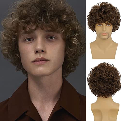 Perruque courte pour hommes marron couches bouclés synthétiques Halloween avec bonnet de perruque Cover