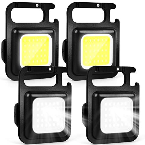 Cob Key Chain Work Light, 1000Lumens Rechargeable Waterproof Portable COB Small Flashlights with 4 Light Modes, Mini COB Light with Folding Bracket and Strong Magnet for Walking RV Camping(4 Pack)