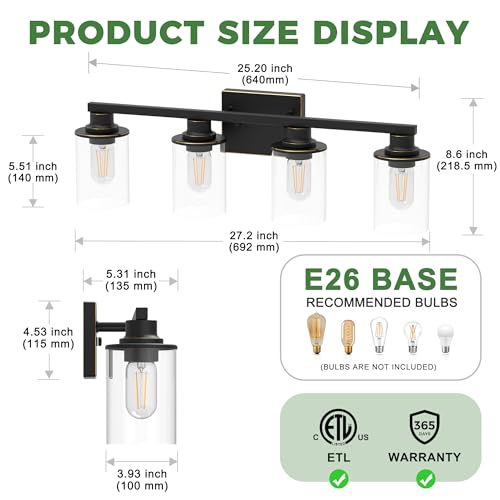 Image of DORESshop Bathroom Vanity Light Fixture Over Mirror Black with Gold Trim
