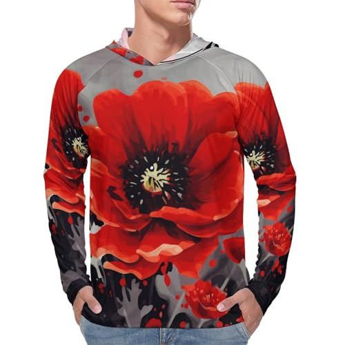 Men's Sun Shirts UPF 50+ Rash Guard Long Sleeve Sun Protection Hoodie Dancing Red Flower Lightweight Shirt L4