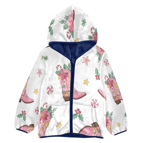 Pink Boots with Christmas Toddler Fleece Jacket Girl Boys Hooded Fleece Jacket Coat Warm Outwear Zip-up 3-10T