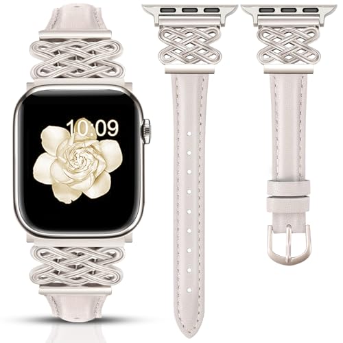Image of Newlibery Leather Band for Women Slim Dressy Bands Compatible with Apple Watch 38mm 40mm 41mm 42mm 44mm 45mm 49mm, Designer Interlock Buckle Strap for iWatch Series 10 /9 /8 /7 /6 /5 /4 /3 /2 /1 /SE /Ultra