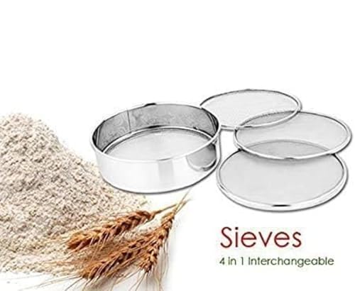 Image of 4-in-1 Interchangeable Atta Chalni with Measuring Atta Scoop | Multipurpose Stainless Steel Flour Sieve with 4 Mesh Sizes | Kitchen Strainer & Flour Filter