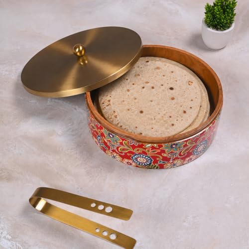 Image of Wooden Chapati Box for Kitchen - Casserole for Roti with Stainless Steel Brass Lid | Wooden Chapati Box with 1 Tong | Traditional Kitchen Organizer - Royal Red & Golden (Printed)