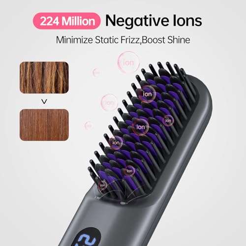 Image of Cordless Hair Straightener Brush-Portable Straightening Comb, 9600mAh Batt, Plasma Tech, 9 Temp-Settings & LED Display, for Travel & Home -Grey