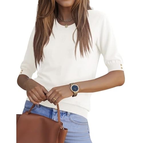 Kistore Womens Short Sleeve Sweaters Crewneck Sweater Shirts Business Casual Tops Outfits with Decor Buttons A White Small