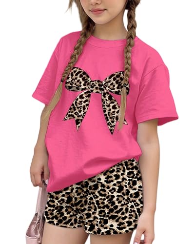 LuLurKiddo Leopard Girls Clothes Size 6 7 Bow 2Pcs Girls Outfits Size 6 7 Little Girl Summer Pink T-Shirts and Biker Shorts Set Leopard Kids Pink Outfits for Girl
