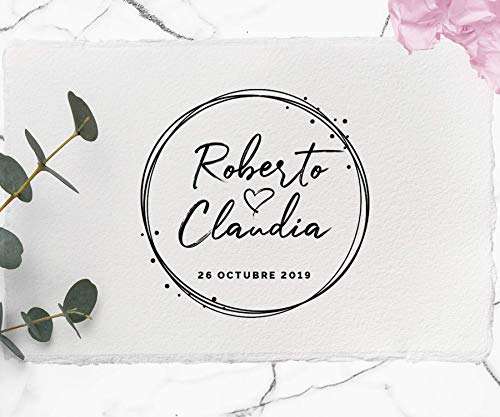 Sello Boda Personalizado, Sello de Madera con tampón de tinta, Sello Boda Romántico | Corazón Romántico