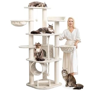 HAPPYPET Großer Kratzbaum Stabil 'Parker' 171 cm - 11 cm Stämme, Haus & Spieltunnel, Große Liegemulden, Kratzrolle, Kletterbaum XXL Katzenbaum für Katzen, Creme