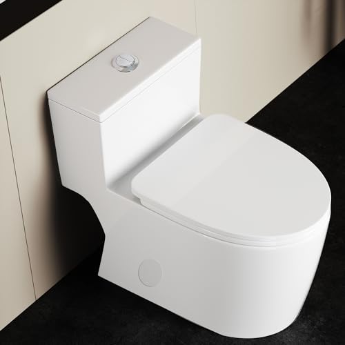 WinZo WZ5028N Elongated One Piece Toilet Dual Flush 1.1/1.6 GPF Soft Close Toilet Seat Standard Height for Modern Bathroom,12 inches Rough-in, White