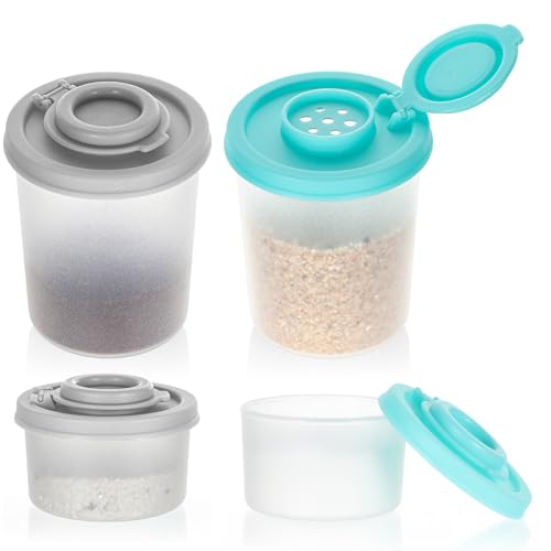 4 PCS Travel Salt and Pepper Shaker Set, Mini Spice Shaker Set with Moisture Proof Sinlicone Lids Plastic Airtight Kitchen Dispenser for Camping Travel Picnic Lunch Boxes(Grey, Mint)