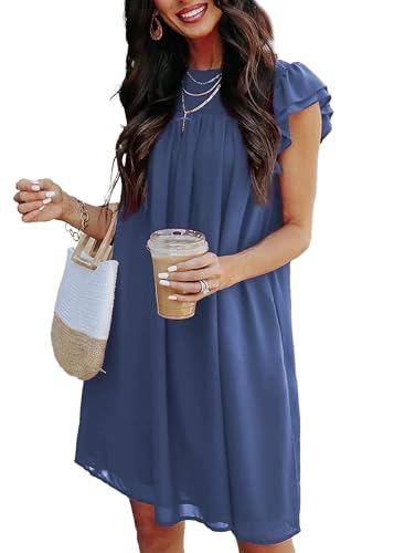 Image of KIRUNDO Wedding Guest Shift Dresses for Women Short Spring Summer Ruffle Cap Sleeve Chiffon Babydoll Flowy Mini Sundress