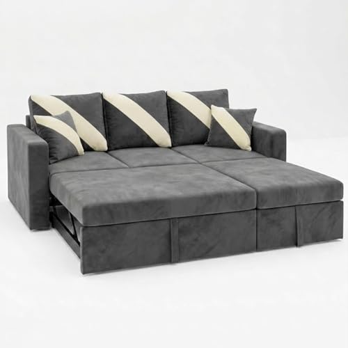 Image of FURNY Trivia 4 Seater RHS Lounger Sofa Cum Bed (Dark Gray) with Pull-Out Function | Luxury Velvet Suede Finish | Durable Comfort | Ideal for Living Room