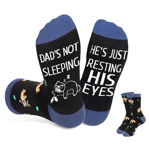 DPKOW Funny Fathers Day Socks Dads Not Sleeping Hes Just Resting His Eyes Fathers Day Gift from Daughter Son Stocking Stuffers Christmas Birthday Gift Ideas for Dad Sloth Dad Socks Cotton