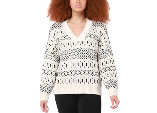 Petite V-Neck Intarsia-Knit Sweater Cream Black PS