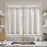 TOPICK Rideaux Cuisine Court Brise Bise Lin Moderne pour Placard Gris sur Beige 65 x 90 cm, Rideau Brise Bise à Passe Tringle Semi Transparent en Effet Lin pour Petites Fenêtres Porte Evier, Lot de 2