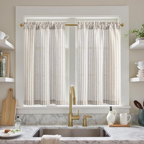 TOPICK Rideaux Cuisine Court Brise Bise Lin Moderne pour Placard Gris sur Beige 65 x 90 cm, Rideau Brise-Bise à Passe-Tringle Semi-Transparent en Effet Lin...