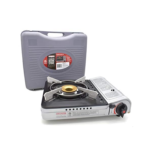 Chef Master 90235 Butane Countertop Stove 12,000 BTU, Professional Quality, Portable, with Carry Case, High Performance, Electronic Ignition, Brass Burner, Double Wind Guard, 1 Burner