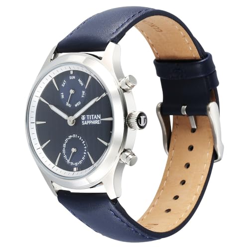 Image of Titan Sapphire Quartz Multifunction Grey Dial Blue Leather Strap Watch for Men - NT1874SL02
