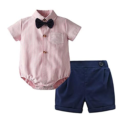 RUNQHUI Infant Baby Boys Tuxedo Gentleman Suit Bowtie Shirt Romper Suspender Shorts Overall Clothes Set Pink 18-24 Months Cover