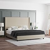 EMMA + OLIVER Nora King Size Faux Linen Upholstered Platform Bed with Plush Padded Wingback Headboard (No Box Spring Needed), Modern Upholstered Headboard King Bed Frame, Beige