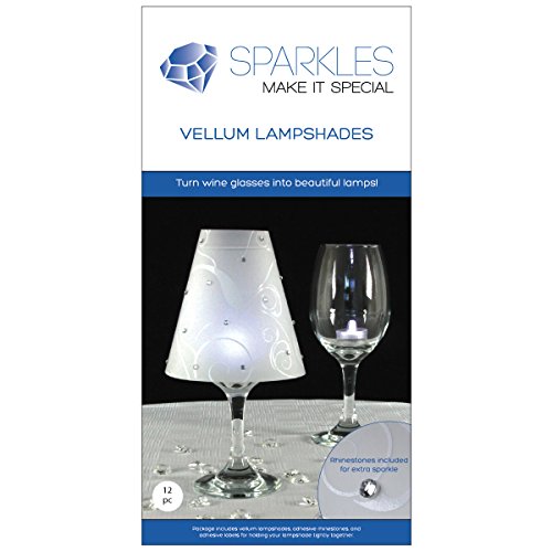 Sparkles Make It Special 12 pc Wine Glass Lamp Shades with Rhinestones - Wedding Party Table Centerpiece Decoration - White Vellum Swirl Print